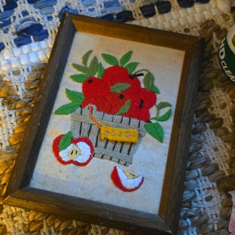 Vintage Wood Framed Cloth Embroidered Apples in Barrel Wall Art 8x6 Farmhouse
